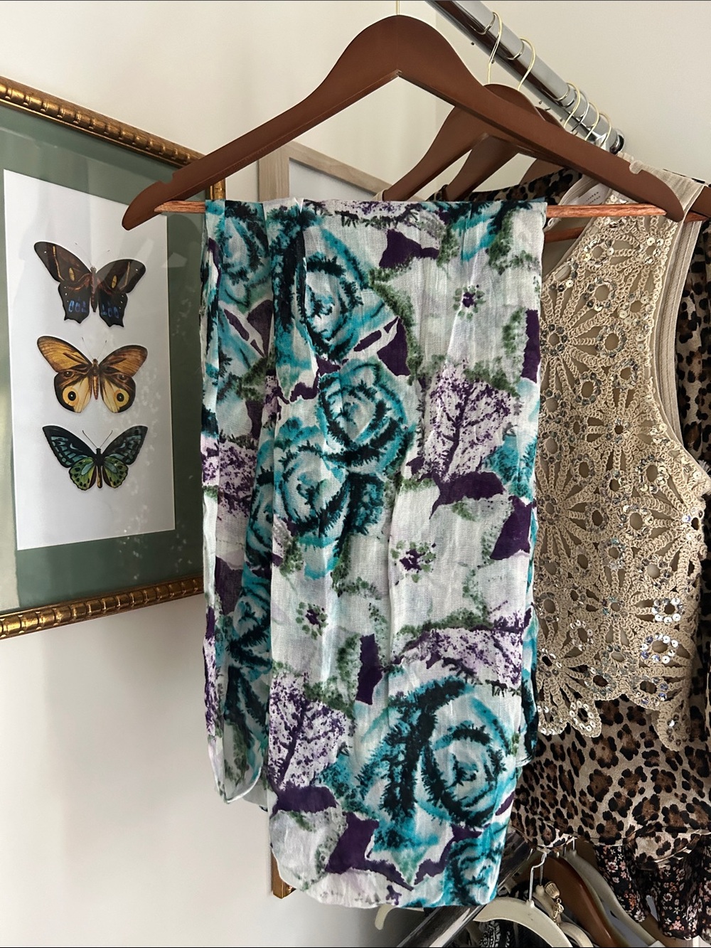 mark large Thin Floral Scarf wrap in Turquoise white green purple Black